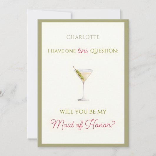 Chique Dirty Martini-Theme Maid of Honor Voorstel Kaart (Voorkant)