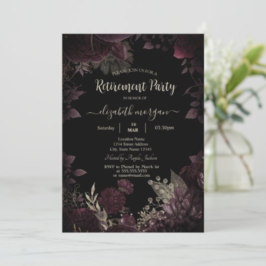 Chique donker bordeaux bloemen Lijst pensioen Kaart (Staand voorkant)