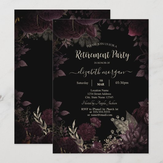 Chique donker bordeaux bloemen Lijst pensioen Kaart (Voorkant / Achterkant)