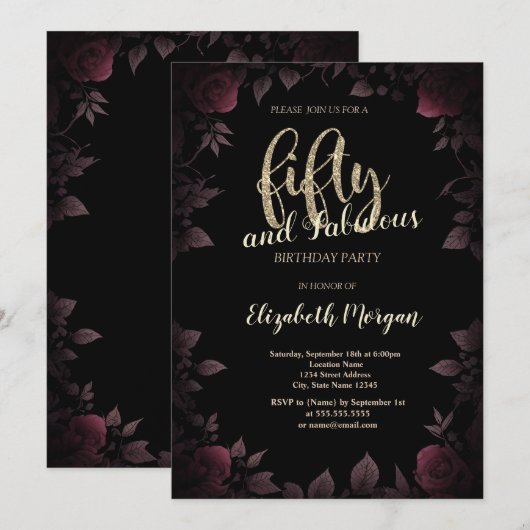 Chique donker bordeaux Rozen zwart 50ste verjaarda Kaart (Voorkant / Achterkant)