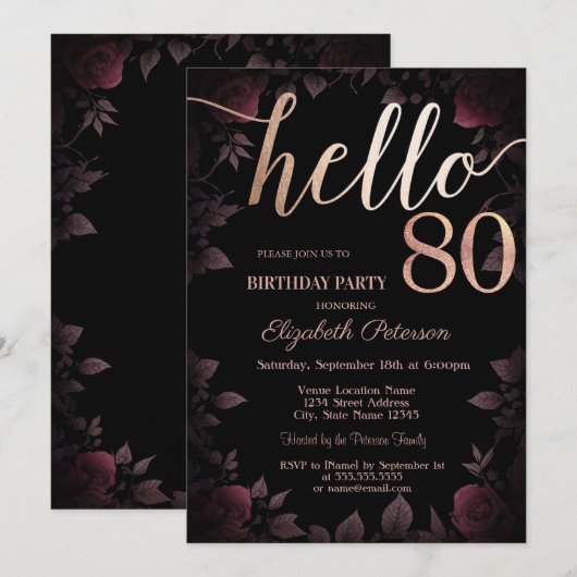 Chique donker bordeaux Rozen zwart 80ste verjaarda Kaart (Voorkant / Achterkant)