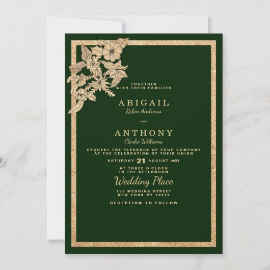 Chique donker bos groen goud glitter bloemenbruilo kaart (Voorkant)