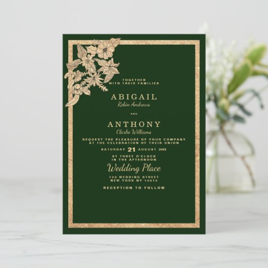 Chique donker bos groen goud glitter bloemenbruilo kaart (Staand voorkant)