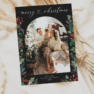 Chique donker gebladerte boog 1 foto familie kerst feestdagenkaart