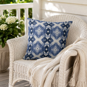 Chique donker marineblauw wit Ikat tribale kunstpa Buitenkussen