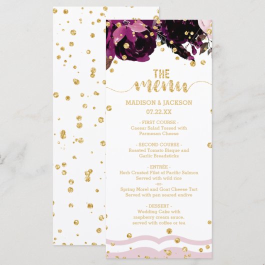 Chique Donker Paarse Bloemen Goud Confetti Bruilof Menu (Voorkant / Achterkant)