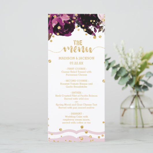 Chique Donker Paarse Bloemen Goud Confetti Bruilof Menu (Staand voorkant)
