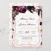 Chique Donker Paarse Bloemen & Gouden Bruiloft Uit Kaart (Voorkant / Achterkant)