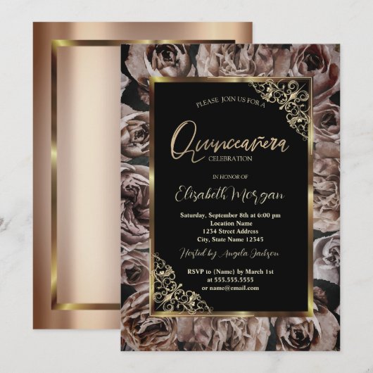 Chique Donker Rozen Goud Lijst Zwart Quinceañera Kaart (Voorkant / Achterkant)
