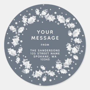 Chique donkerblauw grijs Kerstmis hulst retouradre Ronde Sticker