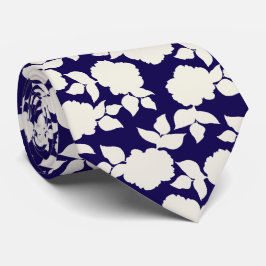 Chique donkerblauw & wit bloemmotief stropdas