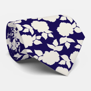 Chique donkerblauw & wit bloemmotief stropdas