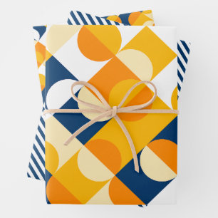 Chique donkerblauw zonnig geel cirkelvormig kunstp inpakpapier vel