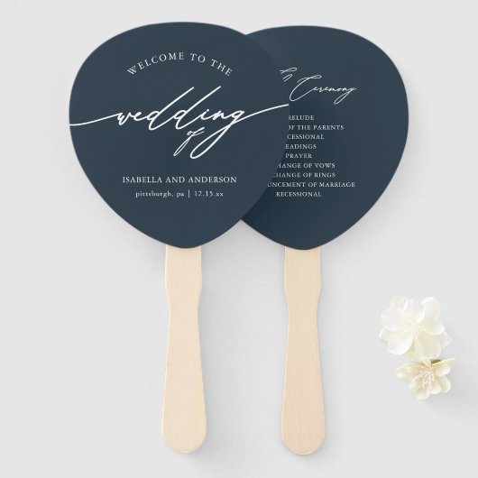 Chique donkerblauwe bruiloft programma fan handwaaier (Voorkant en achterkant)