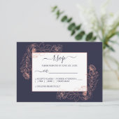 Chique donkerblauwe roze gouden bloemige omlijning RSVP kaartje (Staand voorkant)