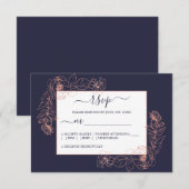 Chique donkerblauwe roze gouden bloemige omlijning RSVP kaartje (Voorkant / Achterkant)