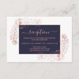 Chique donkerblauwe roze gouden bloemige trouwrece informatiekaartje