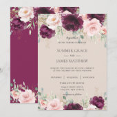 Chique donkere framboos blush roze bloemenbruiloft kaart (Voorkant / Achterkant)