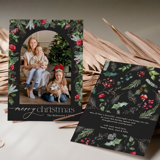 Chique donkergrijs moderne boog 1 foto vrolijk ker feestdagenkaart