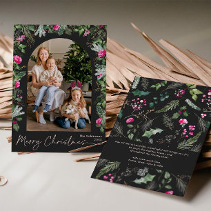 Chique donkergrijs roze groen boog foto kerst feestdagenkaart