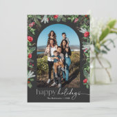 Chique donkergrijze botanische bloemboog 1 foto feestdagenkaart (Staand voorkant)