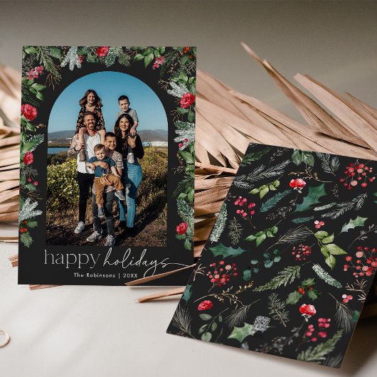 Chique donkergrijze botanische bloemboog 1 foto feestdagenkaart