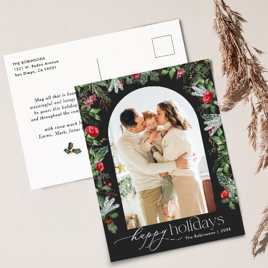 Chique donkergrijze botanische boog moderne fotova briefkaart