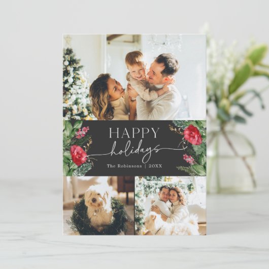 Chique donkergrijze botanische moderne script foto feestdagenkaart (Staand voorkant)