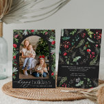 Chique donkergrijze fijne feestdagen botanische bo feestdagenkaart<br><div class="desc">Deze collectie bevat aquarel rode bloemen,  bessen en wintergroen met moderne en elegante typografie,  met een winter botanisch patroon op de achterkant.</div>