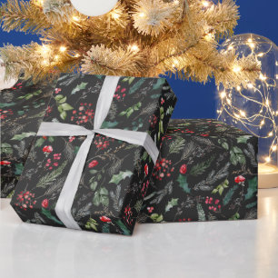 Chique donkergrijze kerst botanische groen cadeaupapier