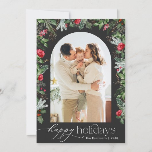 Chique Donkergrijze Moderne Botanische Boog 1 Foto Feestdagenkaart (Voorkant)