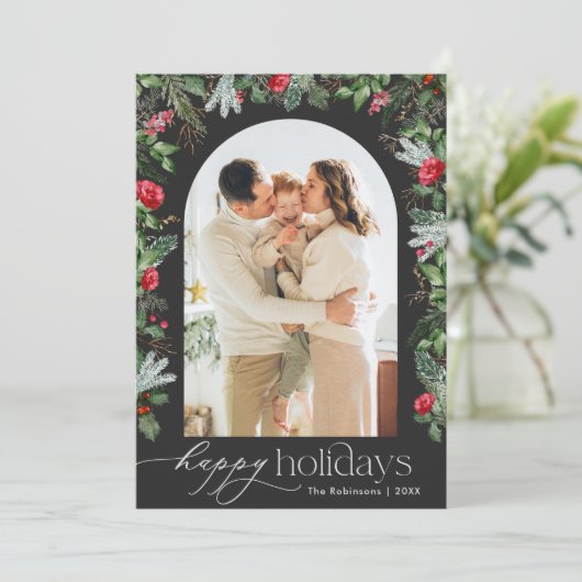 Chique Donkergrijze Moderne Botanische Boog 1 Foto Feestdagenkaart (Staand voorkant)