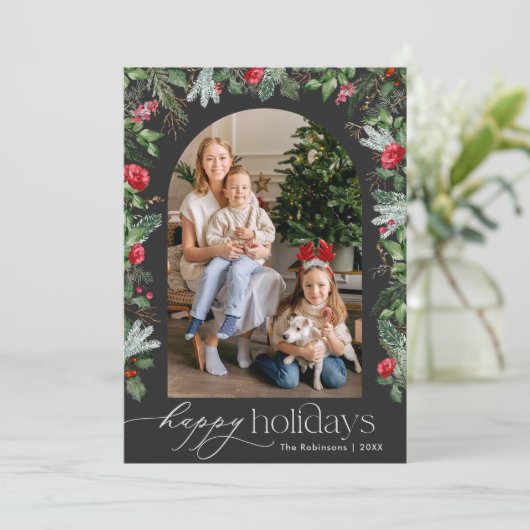 Chique donkergrijze vrolijke vakantie botanische b feestdagenkaart (Staand voorkant)