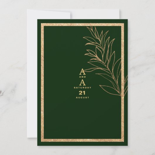 Chique donkergroen goud glitter blad bloemenbruilo kaart (Achterkant)