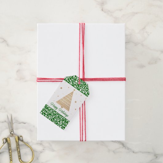 Chique donkergroen wit damast bloemenkunstpatroon cadeaulabel (Met Touw)