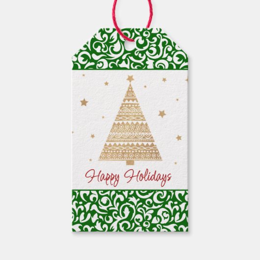 Chique donkergroen wit damast bloemenkunstpatroon cadeaulabel (Voorkant)