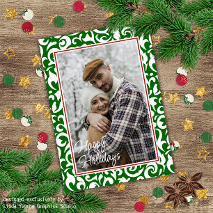 Chique donkergroen wit damast bloemenkunstpatroon feestdagenkaart