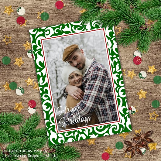 Chique donkergroen wit damast bloemenkunstpatroon kaart