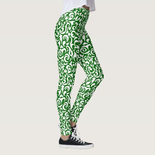 Chique donkergroen wit damast bloemenkunstpatroon leggings (Rechts)