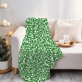 Chique donkergroen wit damast bloemmotief fleece deken