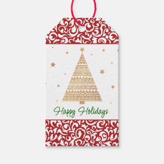Chique donkerrood wit damast bloemenkunst patroon cadeaulabel (Voorkant)