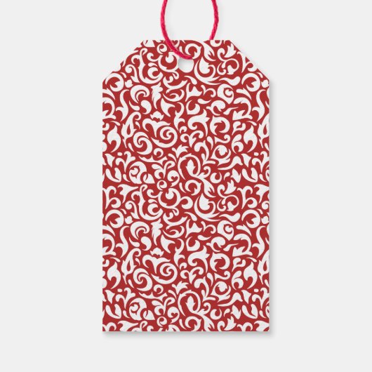 Chique donkerrood wit damast bloemenkunst patroon cadeaulabel (Achterkant)