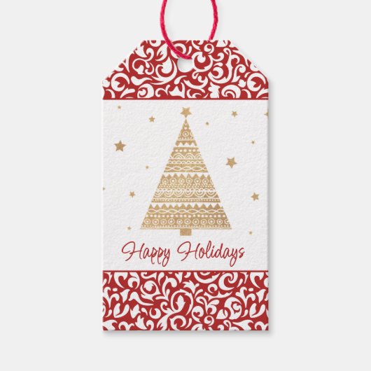 Chique donkerrood wit damast bloemenkunst patroon cadeaulabel (Voorkant)