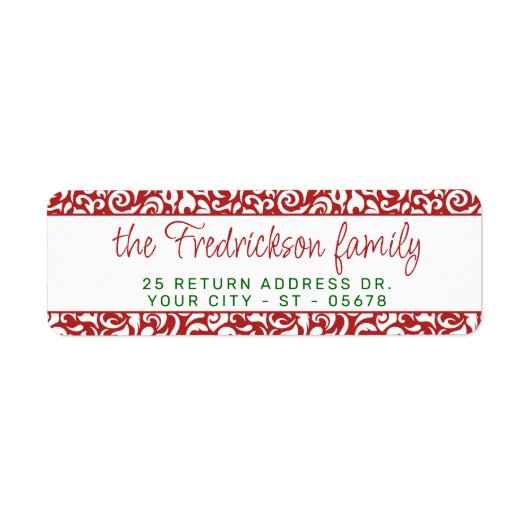 Chique donkerrood wit damast bloemenkunst patroon etiket (Voorkant)