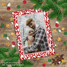 Chique donkerrood wit damast bloemenkunst patroon feestdagenkaart