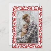 Chique donkerrood wit damast bloemenkunst patroon feestdagenkaart (Voorkant)