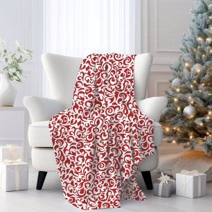 Chique donkerrood wit damast bloemenkunst patroon fleece deken