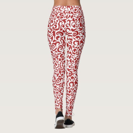 Chique donkerrood wit damast bloemenkunst patroon leggings (Achterkant)