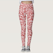 Chique donkerrood wit damast bloemenkunst patroon leggings (Voorkant)
