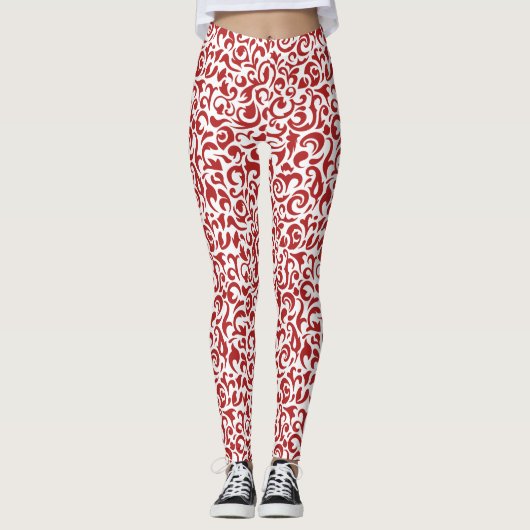 Chique donkerrood wit damast bloemenkunst patroon leggings (Voorkant)